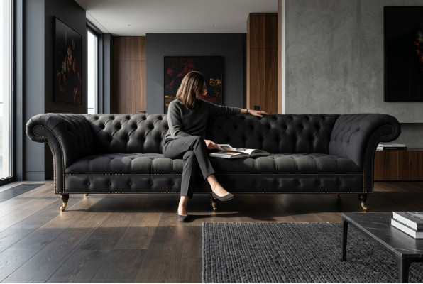 Schwarze Chesterfield Textil Leder Sofa Couch Polster Big Sitzpolster xxl 265cm
