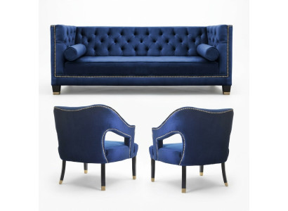 Luxus blaue Chesterfield Couchgarnitur  Sessel + Dreisitzer 3+1+1 Set