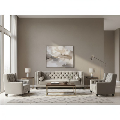 Beige Sofagarnitur Chesterfield Sessel Luxus Möbel Textil Stoff Wohnzimmer Neu