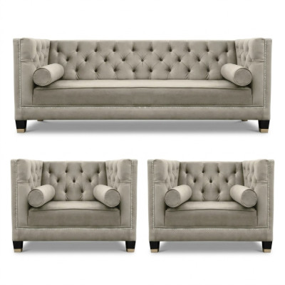 Beige Sofagarnitur Chesterfield Sessel Luxus Möbel Textil Stoff Wohnzimmer Neu