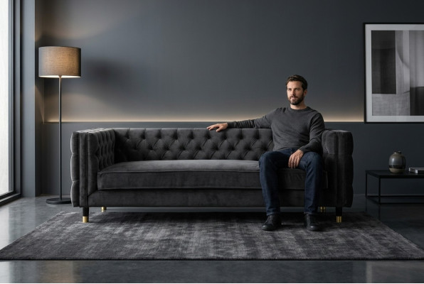 Schwarzes Chesterfield Sofa Big Luxus Möbel 4 sitzer Textil Stoff Couchen