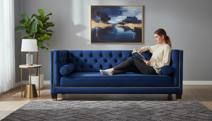 Blauer Chesterfield Dreisitzer Stoff Wohnzimmer Design Couchen 