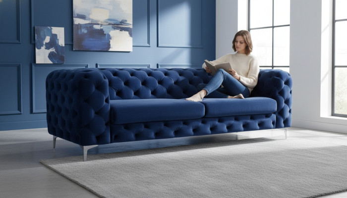 Chesterfield Dreisitzer Blau Sofa Wohnzimmer Modern Samt Möbel Textil Stoff Neu