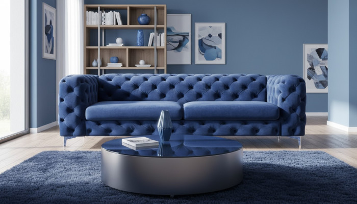 Chesterfield Dreisitzer Blau Sofa Wohnzimmer Modern Samt Möbel Textil Stoff Neu