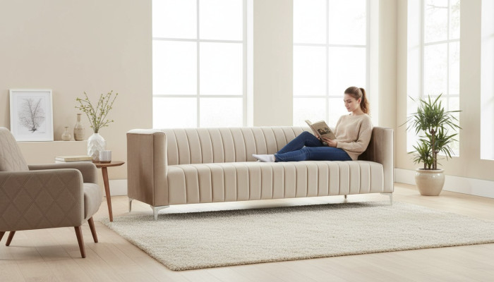 Beige Dreisitzer Stoff Wohnzimmer Design Couchen Polster Sofa Sofas Textil Couch
