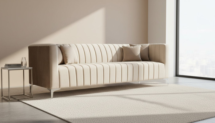 Beige Dreisitzer Stoff Wohnzimmer Design Couchen Polster Sofa Sofas Textil Couch