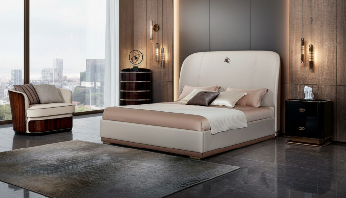 Bett Beige Leder Holz Schlafzimmer Lederbett Modern Design Möbel Luxus