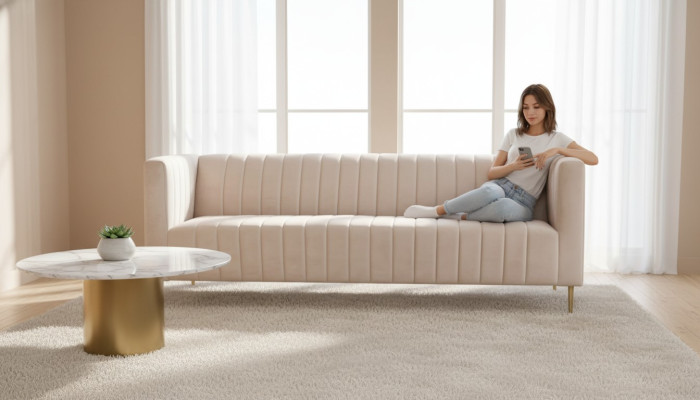 Beige Dreisitzer Sofa Stoff  Polster Wohnzimmer Design Couchen Sofas Neu Modern