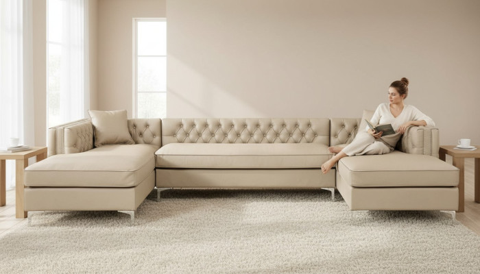 Ecksofa Beige Wohnlandschaft Couch Eckgarnitur Polster Chesterfield Möbel Design
