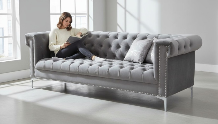 Grau Chesterfield Dreisitzer Stoff Wohnzimmer Design Couchen Polster Sofas Neu
