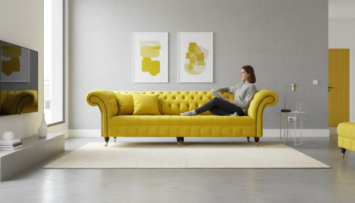 Gelbe Sofa 4 Sitzer Couch Chesterfield Polster Sitz Garnitur Leder Textil Gelb