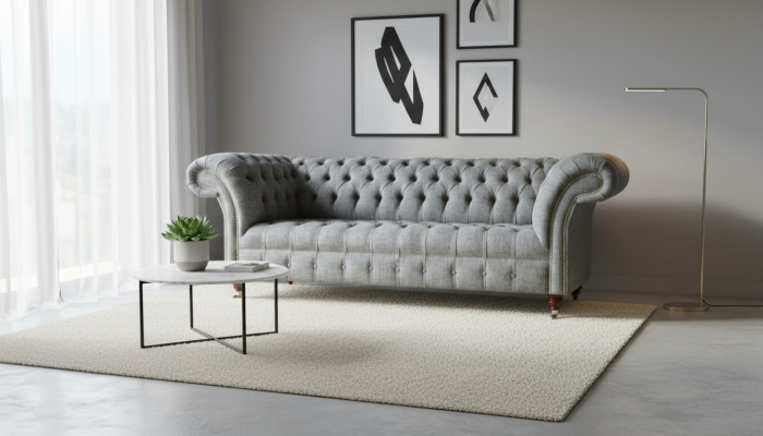 Stoff Sofa Couch Polster Garnitur 3 Sitzer Couchen Sofas Chesterfield Grau Samt