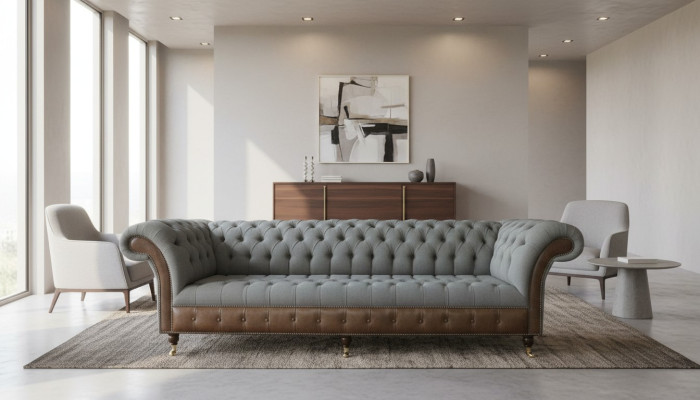 Chesterfield 4 Sitzer Grau Stoff Wohnzimmer Design Polster Sofa Big Textil Möbel