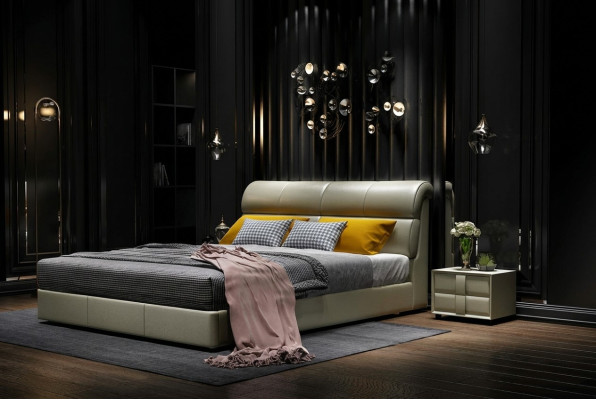 Luxus Bett Schlafzimmer Leder Polster Doppel Betten Holz Design 180x200cm Neu