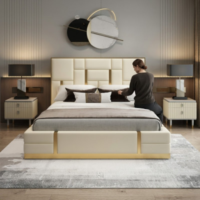 Modern Luxus Bett Schlafzimmer Italienisches Leder Polster Doppel Betten Metall Design.