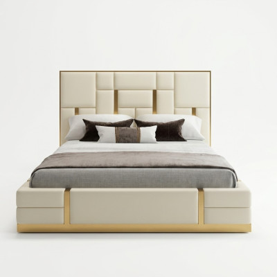 Modern Luxus Bett Schlafzimmer Italienisches Leder Polster Doppel Betten Metall Design.