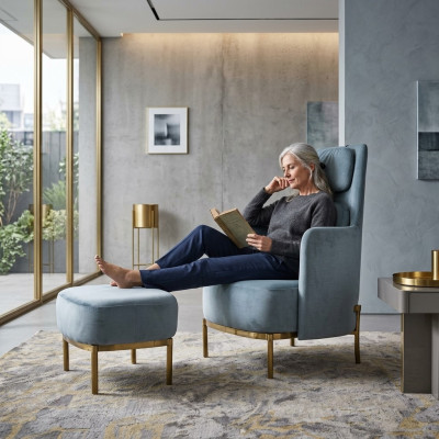 Sessel Stuhl Polster Fernseh leder Textil Stoff Grau Design Lounge