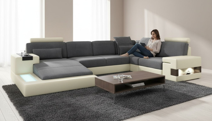 Wohnzimmer Designer Couch Polster LederStoff Sitz Modernes Ecksofa U-Form