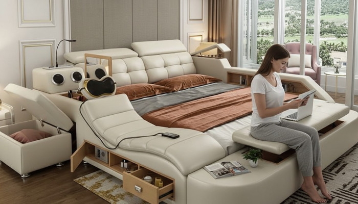 Multifunktions Bett Luxus Design Leder Betten Doppel Regal 180x200cm