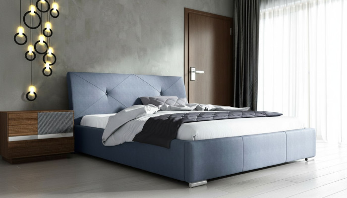 Blaues Polster Bett Doppel Hotel Betten Schlafzimmer Bettrahmen Stoff Blau Holz