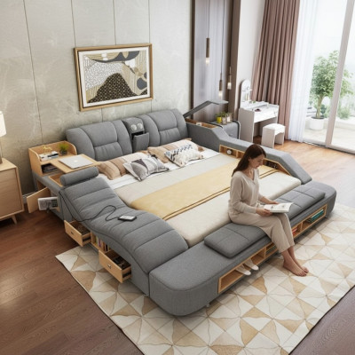 Design Leder Betten Hotel Doppel Neu Multifunktions Bett Bluetooth Boxen