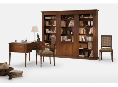 Schreibtisch und Stuhl aus Holz mit Armlehnen Bücherregal Büromöbel Design 3tlg