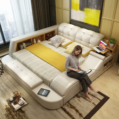 Luxus Funktions Bett mit Tresor Laptop Ablage Doppel Ehe Betten xxl Hotel Leder