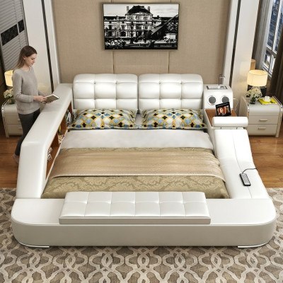 Bett Multifunktion Regal Schrank USB Ladestation Deko Doppel Leder Betten