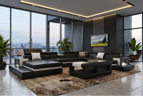 Schwarze Ecksofa Wohnlandschaft Leder Sofa Relax Funktion Couchen Big