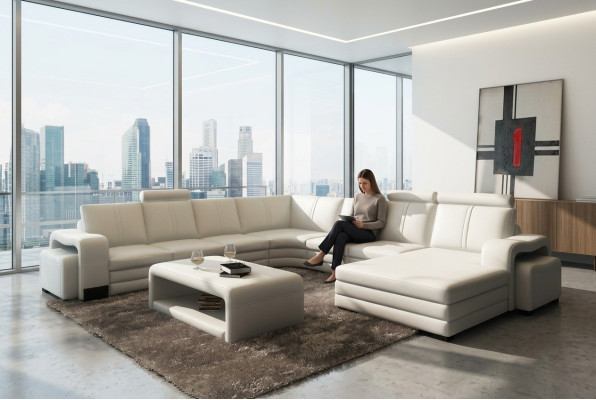 Ecksofa U-Form + 2x Hocker + Couchtisch Couch Design Grau Polster Leder