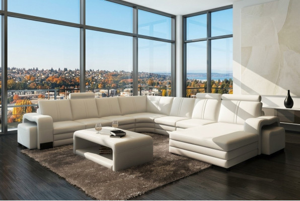Ecksofa U-Form + 2x Hocker + Couchtisch Couch Design Grau Polster Leder