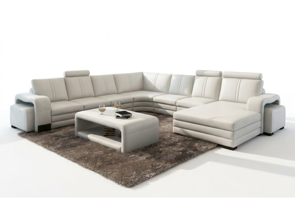 Ecksofa U-Form + 2x Hocker + Couchtisch Couch Design Grau Polster Leder