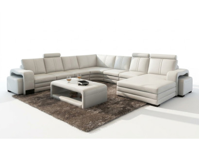 Ecksofa U-Form + 2x Hocker + Couchtisch Couch Design Grau Polster Leder
