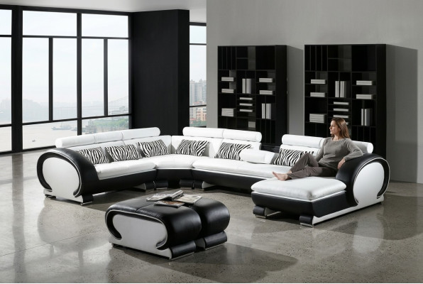 Ecksofa + 2x Hocker Eckgarnituren Leder Couchen Wohnzimmer Sitzmöbel