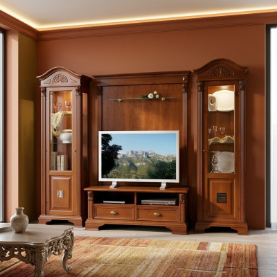 Klassische Wohn Wand Massivholz Wohnzimmer Vitrine Sideboard RTV Regal Wände Schrank 4tlg.