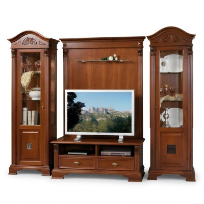 Klassische Wohn Wand Massivholz Wohnzimmer Vitrine Sideboard RTV Regal Wände Schrank 4tlg.