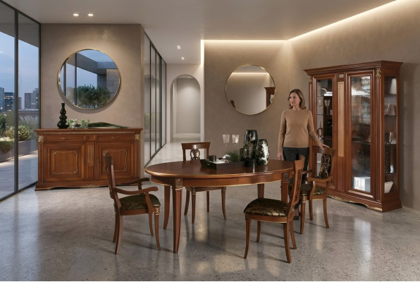 Esszimmer Garnitur Massivholz Barock Rokoko Tisch 4x Stühle Vitrine Kommode