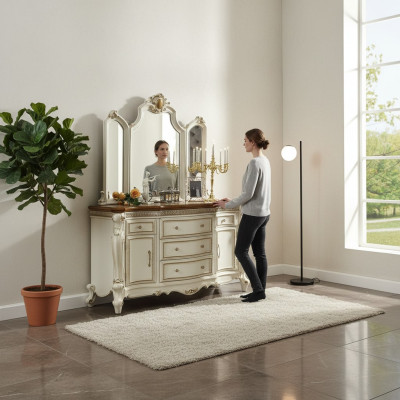 Buffet Anrichte Kommode mit Spiegel Handarbeit Echte Holz Rokoko Barock