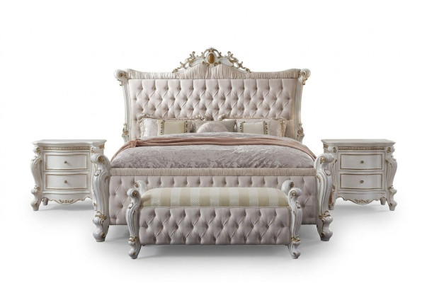 Chesterfield Schlafzimmer Set 3tlg. Garnitur Bett + 2x Nachttische Barock Stil