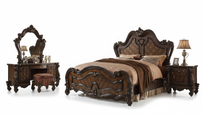 Schlafzimmer Nachttische Set Bett 5tlg. Rokoko Barock Antik Stil Holz Bett