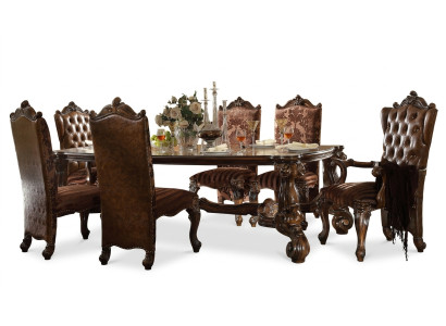 Brauner Klassischer Holz Esstisch + Chesterfield x6 Stühle Essgruppe 7tlg. Set