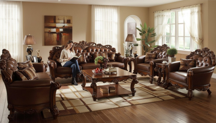 Komplett Set Sofagarnitur 5tlg. Couchtisch Sofa Couch Holz Wohnlandschaft