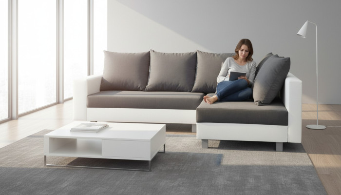 Wohnlandschaft Ecksofa L-Form Sofa Design Couch Textil Leder Fußhocker
