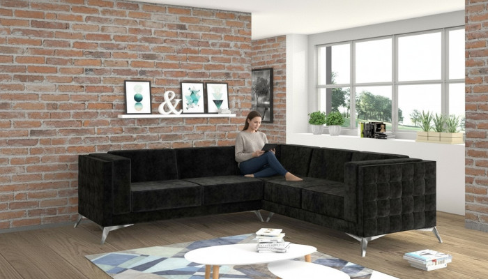 Schwarze Samt Design Ecksofa Chesterfield Sofa Couch Wohnlandschaft Stoff Sitz