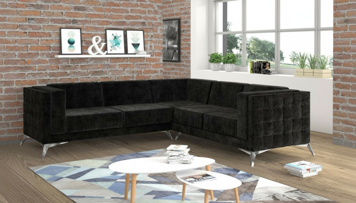 Schwarze Samt Design Ecksofa Chesterfield Sofa Couch Wohnlandschaft Stoff Sitz
