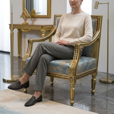 Sessel Polster Stühle Gold Stoff Luxus Design Stuhl Einsitzer Klassisch