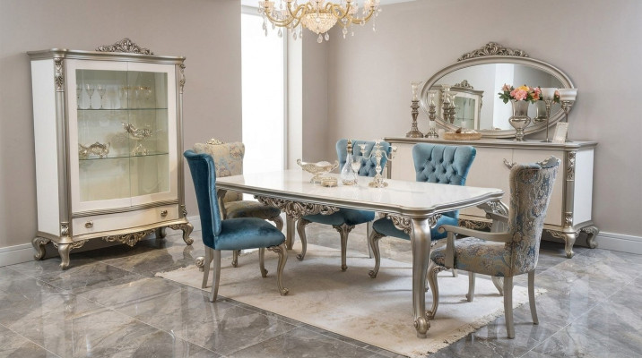 Esszimmer Set Garnitur Vitrine Tisch 6x Stuhl Kommode Spiegel Art déco 10tlg