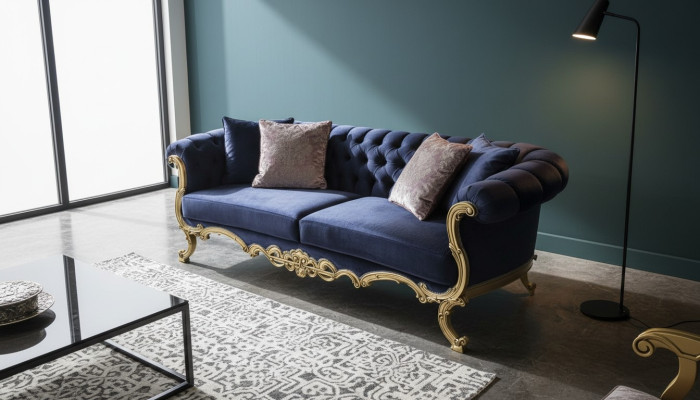 Chesterfield Dreisitzer Sofa in luxuriöser blauer Farbe für das Wohnzimmer 