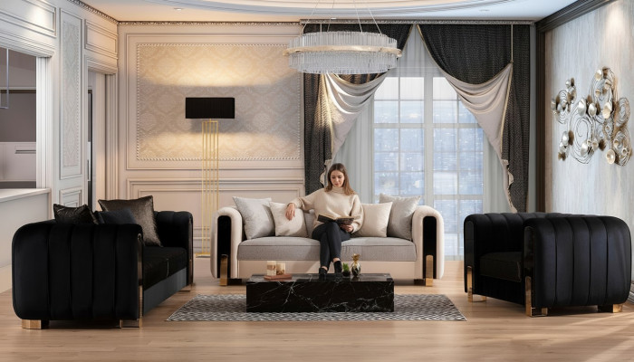Luxus Garnitur Set Sofagarnitur 3+3+1 Sitzer Sofa Sofas Sessel Stoff 3tlg. Sets