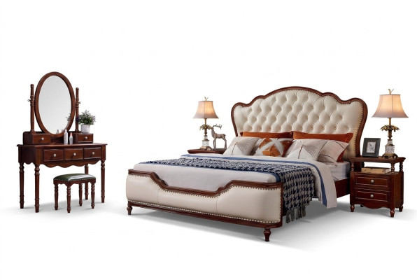 Bett 2x Nachttische Schminktisch Bank Schlafzimmer Luxus Holz 6tlg Set